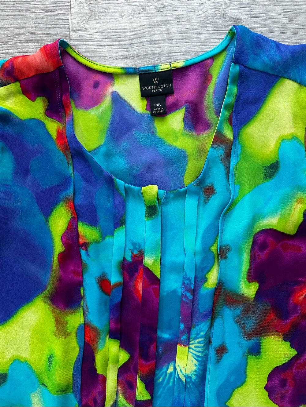 Worthington Watercolor Abstract Pleated Front Blouse Petite XL Blue Green Purple - Picture 5 of 6